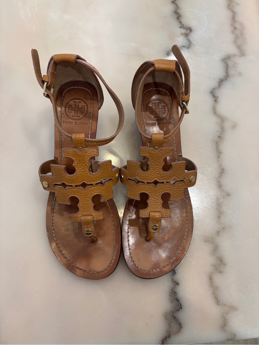 Tory Burch Tan Leather Logo Cutout Ankle Strap Sandals